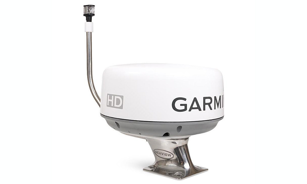 5” S.S. Radar Mount for most Furuno, Sitex, Simrad, Raymarine, Garmin, 3G,4G, BR24 domes / Aft lean / 7x 7 base plate / S.S. Light bar compatible